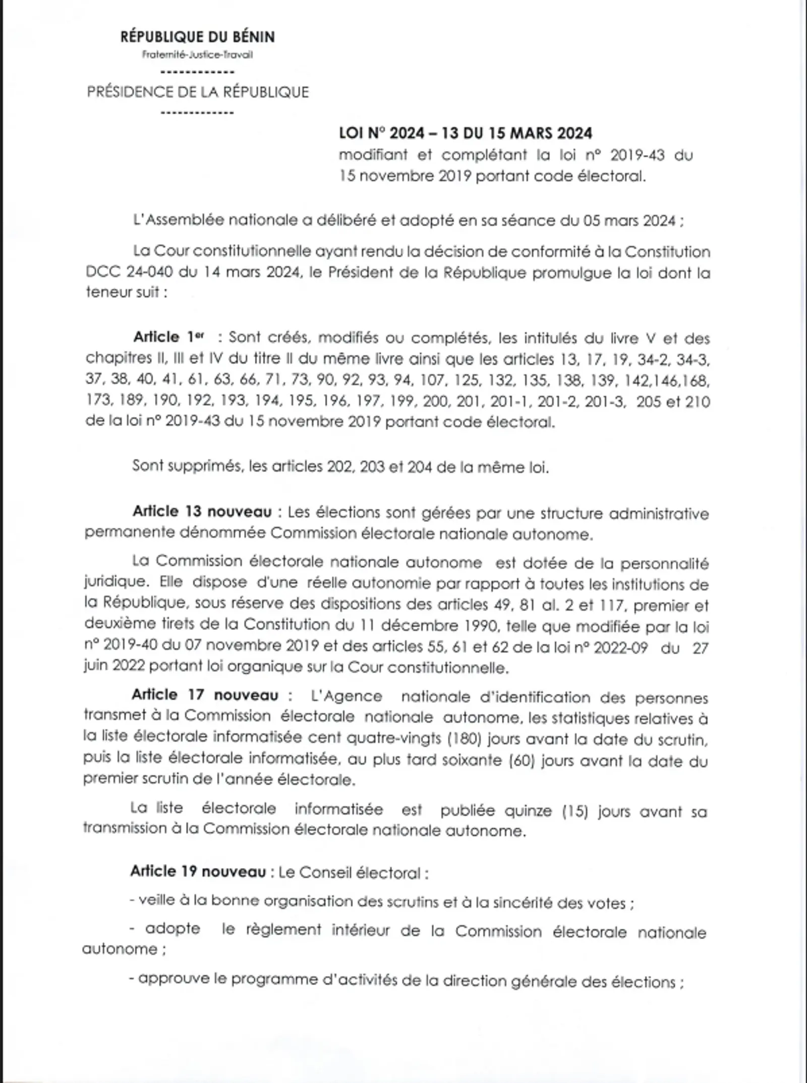 Loi N°2024-13 du 15 mars 2024